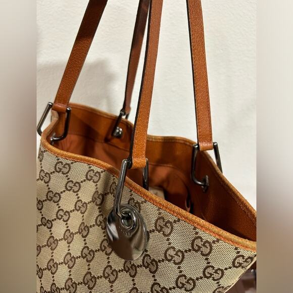 Gucci Vintage Tote Classic Beige GG Logo Canvas Orange Leather Trim Medium Size - Picture 9 of 16